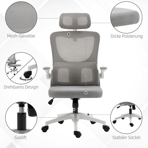 Chaise De Bureau En Maille, Ergonomique, Appui-tête, Accoudoirs, Bascule, Gris
