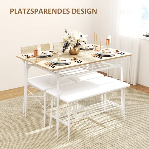 Ensemble Table Chêne Avec Banc Et 2 Chaises 4 Pièces Avec Étagère, Cuisine Salon