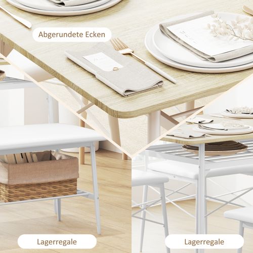 Ensemble Table Chêne Avec Banc Et 2 Chaises 4 Pièces Avec Étagère, Cuisine Salon