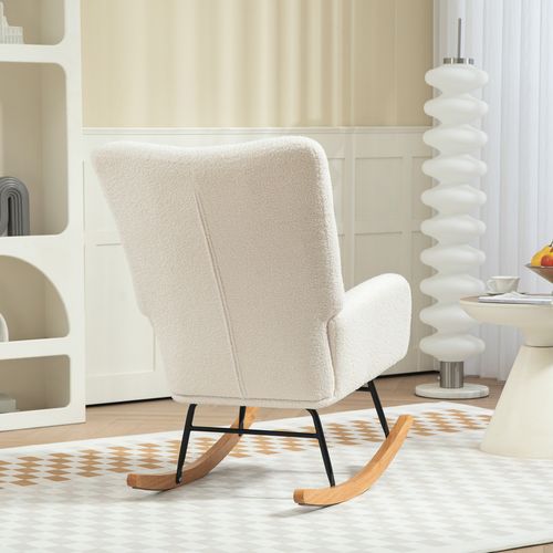 Fauteuil à Bascule, Accoudoirs, Tissu Peluche Crème, Relax Pour Chambre Et Salon