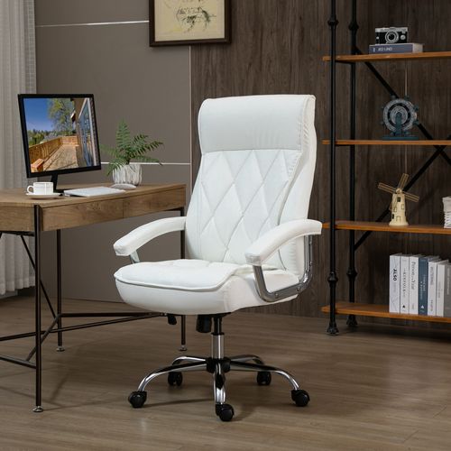 Chaise De Bureau En Simili Cuir, Bascule, Ergonomique, Réglable En Hauteur, Blanche