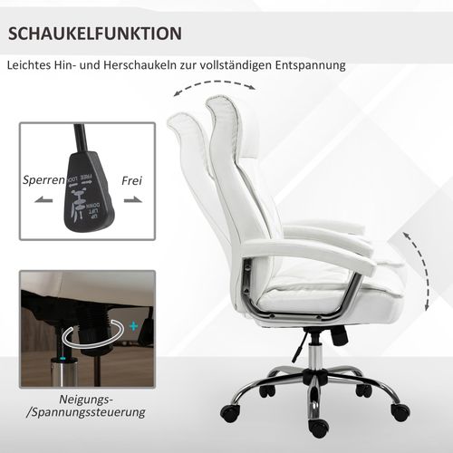 Chaise De Bureau En Simili Cuir, Bascule, Ergonomique, Réglable En Hauteur, Blanche