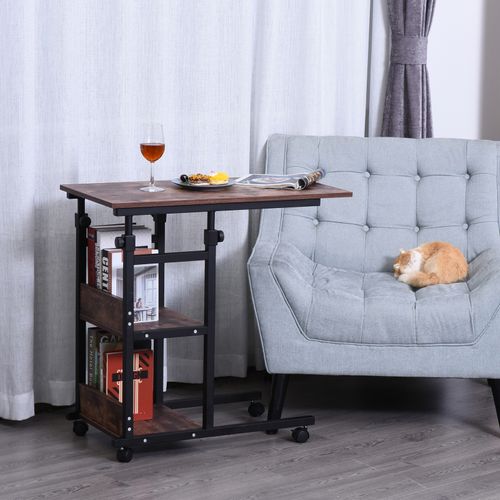 Table D’appoint Noire Réglable 80×40 cm, à Roulettes, 2 Étagères, Salon Ou Bureau