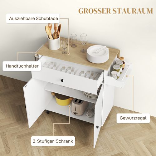 Îlot De Cuisine Bois Mdf 100x48x90cm Plan Rabattable, Épicier, Barre Torchon, Roulettes, Blanc