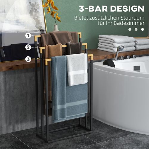 Porte-serviettes En Bambou Et Acier, 3 Barres, Idéal Pour Salle De Bain, Noir