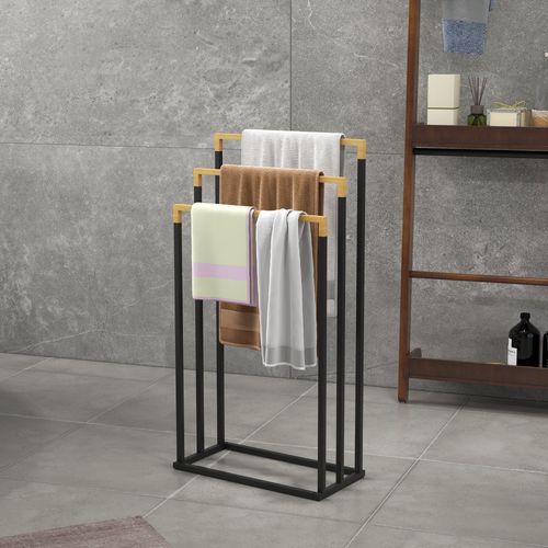 Porte-serviettes En Bambou Et Acier, 3 Barres, Idéal Pour Salle De Bain, Noir