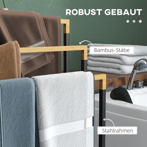Porte-serviettes En Bambou Et Acier, 3 Barres, Idéal Pour Salle De Bain, Noir