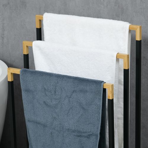 Porte-serviettes En Bambou Et Acier, 3 Barres, Idéal Pour Salle De Bain, Noir