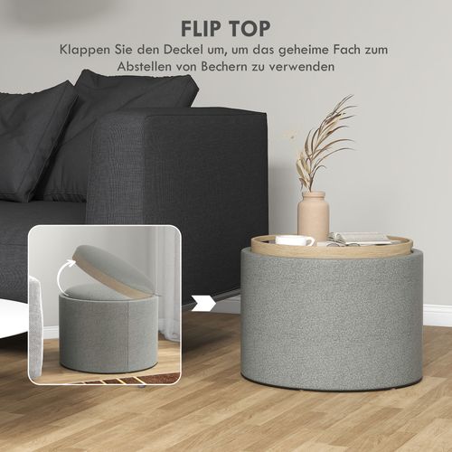 Pouf Circulaire En Tissu De Lin Avec Rangement Et Couvercle Rabattable, Gris