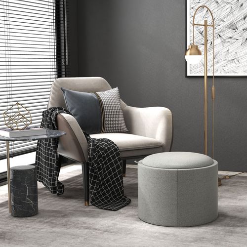 Pouf Circulaire En Tissu De Lin Avec Rangement Et Couvercle Rabattable, Gris
