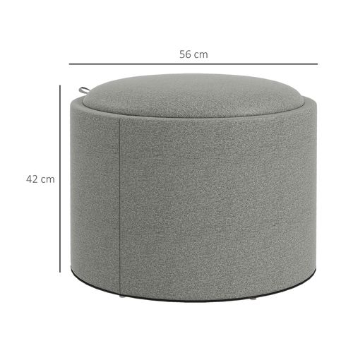 Pouf Circulaire En Tissu De Lin Avec Rangement Et Couvercle Rabattable, Gris