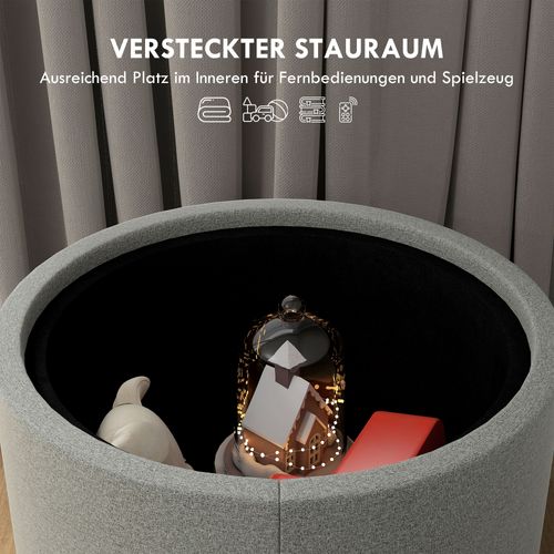 Pouf Circulaire En Tissu De Lin Avec Rangement Et Couvercle Rabattable, Gris