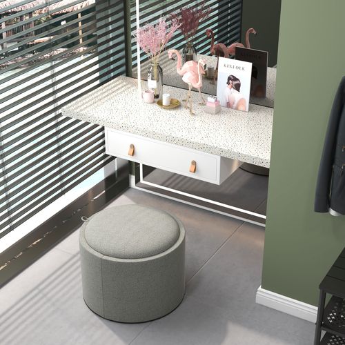 Pouf Circulaire En Tissu De Lin Avec Rangement Et Couvercle Rabattable, Gris