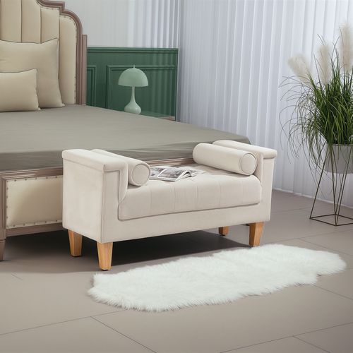Banc Tissu Chenille Avec Accoudoirs Et Coussins Cylindres, 115x44x58 Cm, Beige