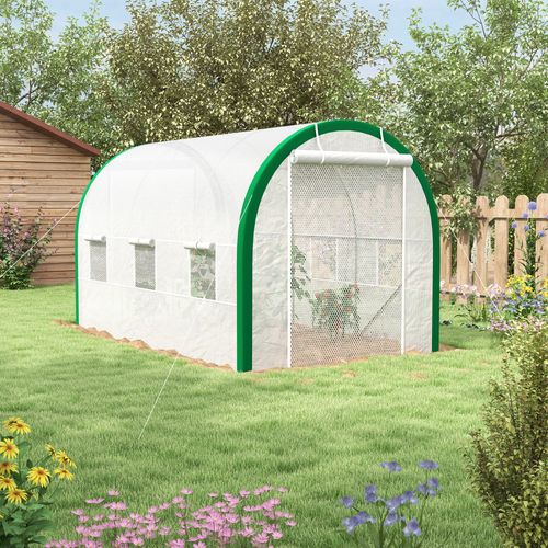Serre Tunnel 3,58 X 2,1 X 2,1 M Acier Galvanisé Avec Porte Roulante Pour Jardin Et Balcon, Blanc