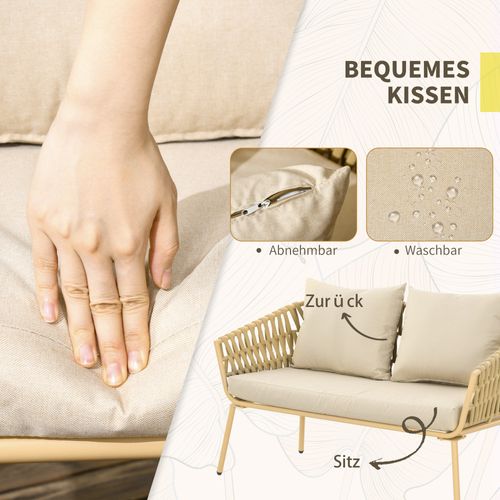 Salon De Jardin Rotin 4 Pièces Double Canapé, Fauteuils, Table Basse, Coussins , Kaki