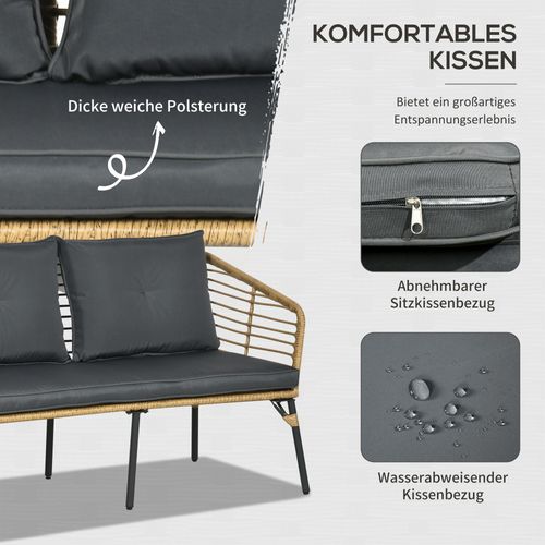 Salon De Jardin 4 Pièces Rotin, 3 Fauteuils + Table Basse, Style Bohème, Sable Et Gris Foncé