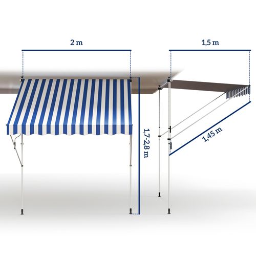 Markise Gelenkarm Aluminium Hautenverstellbar 200x150cm, Bleu/blanc