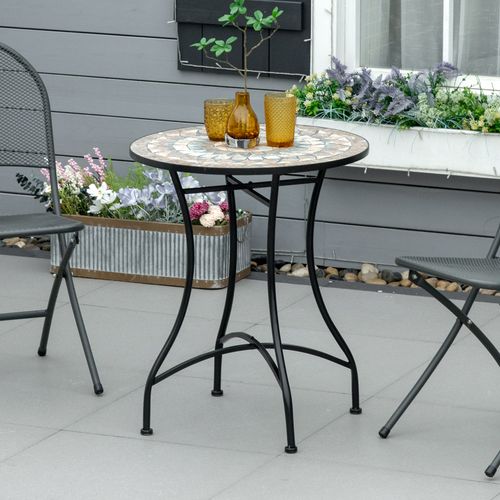 Table Mosaïque Ronde Ø60 Cm Avec Plateau En Céramique Pour Jardin Et Balcon，vert Beige Blanc