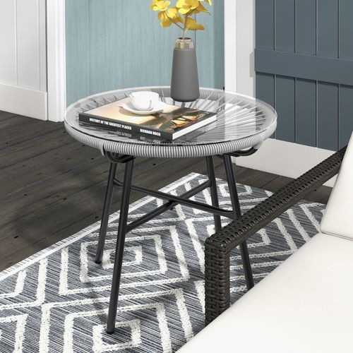 Table Bistrot Ronde En Rotin Noir/gris, Plateau En Verre, 50×50×50 cm, Terrasse Ou Balcon