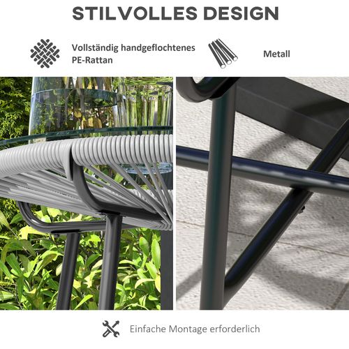 Table Bistrot Ronde En Rotin Noir/gris, Plateau En Verre, 50×50×50 cm, Terrasse Ou Balcon
