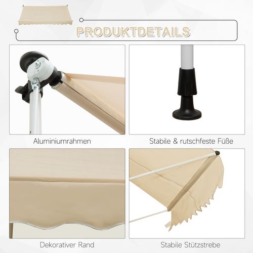 Store De Balcon En Aluminium 300 X 150cm Hauteur Réglable Bras Pliants Avec Manivelle Beige
