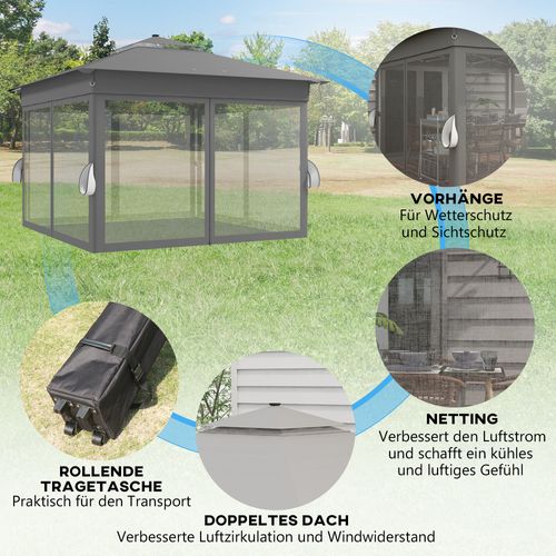 Pavillon En Toile Avec LED, 4 Rideaux, Parois, Sac De Transport, Double Toit, Gris Foncé