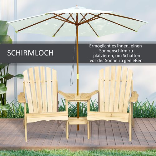 Ensemble De Jardin Adirondack 2 Places En Bois Massif Avec Trou Pour Parasol, Naturel
