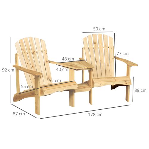 Ensemble De Jardin Adirondack 2 Places En Bois Massif Avec Trou Pour Parasol, Naturel