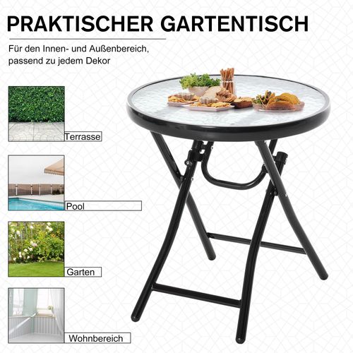 Table Ronde Pliante Ø45 Cm En Métal Avec Plateau En Verre Pour Balcon Ou Terrasse,noir