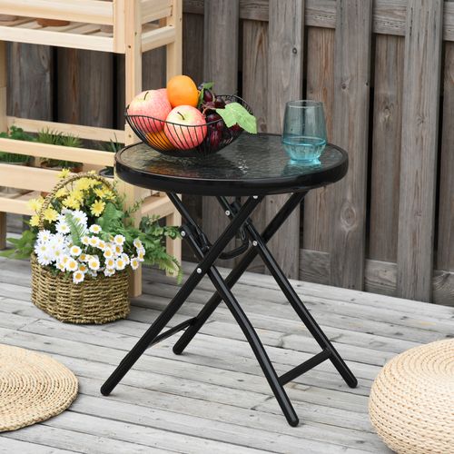 Table Ronde Pliante Ø45 Cm En Métal Avec Plateau En Verre Pour Balcon Ou Terrasse,noir