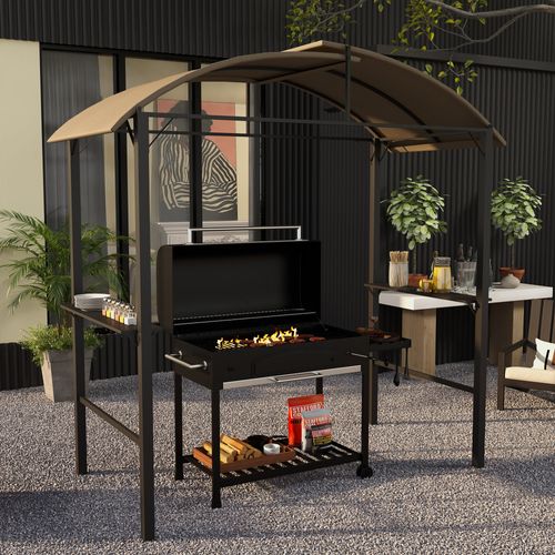 Pavillon Bbq 1,1 X 2,3m En Acier Avec Toit En Polyester, Surface Latérale, Kaki