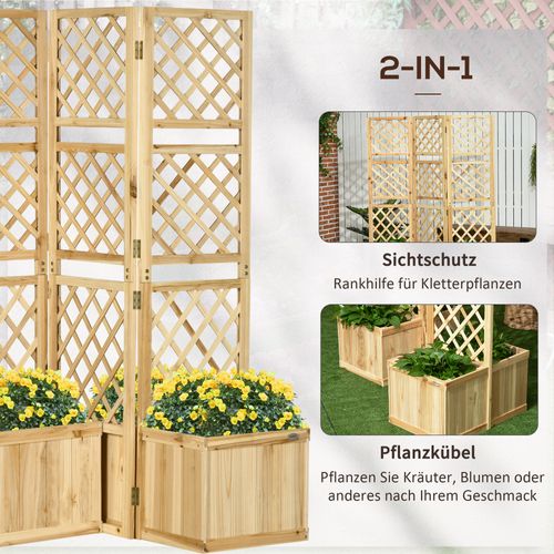 Jardinière En Bois Imperméabiliser 3 Panneaux Avec 4 Jardinières, Couleur Naturelle