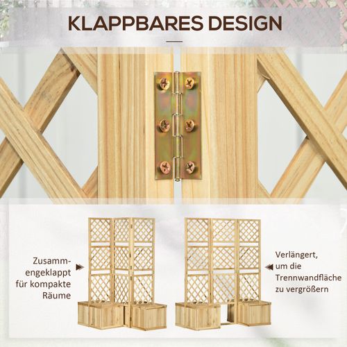 Jardinière En Bois Imperméabiliser 3 Panneaux Avec 4 Jardinières, Couleur Naturelle