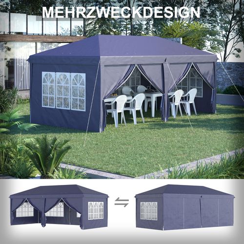 Pavillon Pliant En Acier Stable Avec Protection Uv, Parois Latérales Et Fenêtres, Bleu