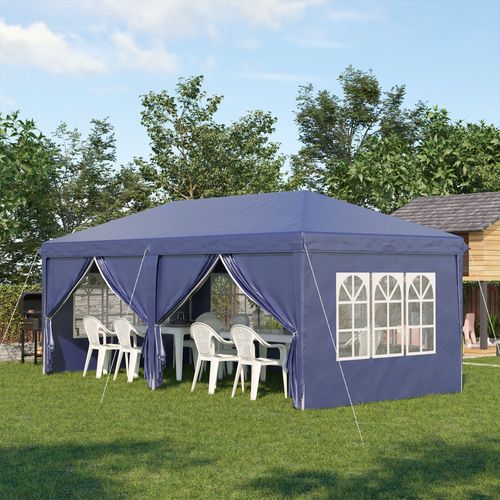 Pavillon Pliant En Acier Stable Avec Protection Uv, Parois Latérales Et Fenêtres, Bleu