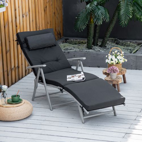 Chaise Longue Pliable, Métal, Textilène, 7 Positions Réglables, Résistant Aux Intempéries, Noir