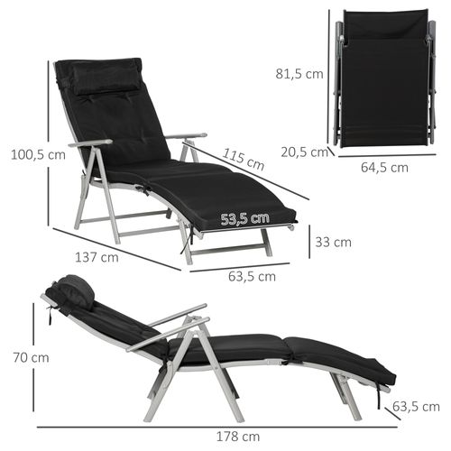Chaise Longue Pliable, Métal, Textilène, 7 Positions Réglables, Résistant Aux Intempéries, Noir