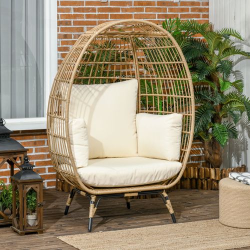 Fauteuil En Rotin Avec Coussin, Fauteuil De Jardin Surélevé, Métal, Khaki 105 X 97 X 150 Cm