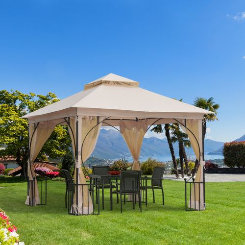 Tente De Jardin Polyester - 295x295x275 Cm Toit Double Moustiquaire 8 Oeillets ,beige Et Noir