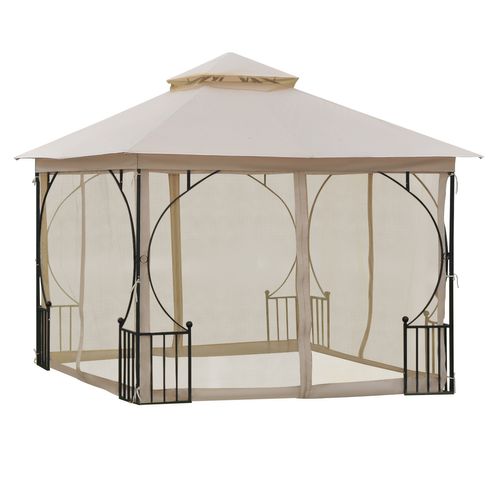 Tente De Jardin Polyester - 295x295x275 Cm Toit Double Moustiquaire 8 Oeillets ,beige Et Noir