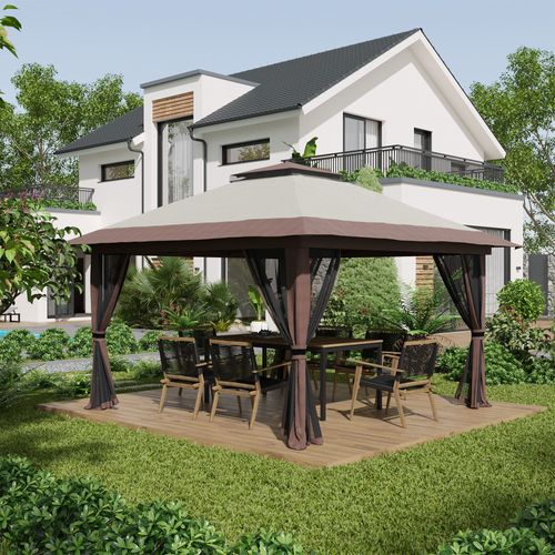 Pergola 4x4m Aluminium Réglable Avec Protection Uv Et Rideaux En Filet, Beige