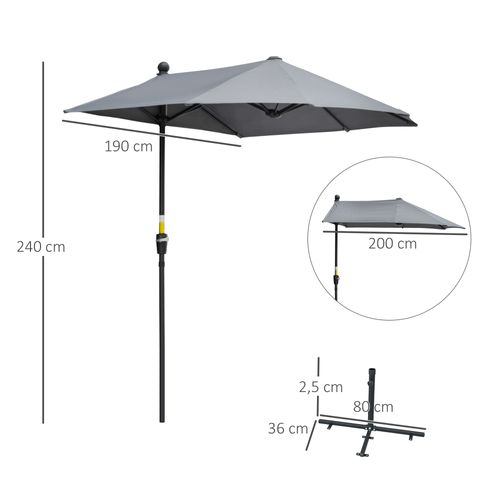 Parasol Semi-circulaire 2x2 M, Support, Imperméable, Jardin, Terrasse, Balcon, Gris Foncé