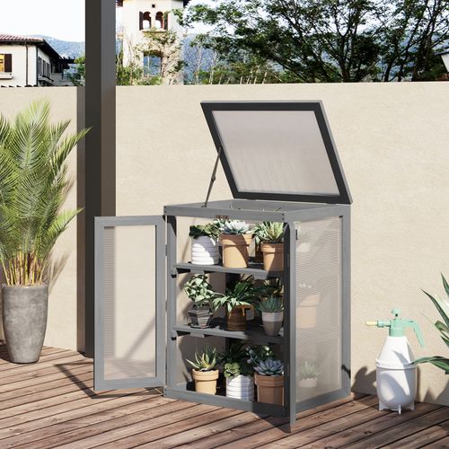 Serre 3 Niveaux En Bois Et Polycarbonate, Étanche, Supporte 15 Kg Par Étagère, Gris Foncé