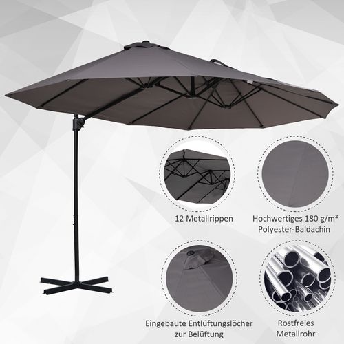 Parasol Double Déporté Avec Manivelle, Parasol Ajustable, ,métal, ,gris Foncé, 440 X 270 X 250 Cm