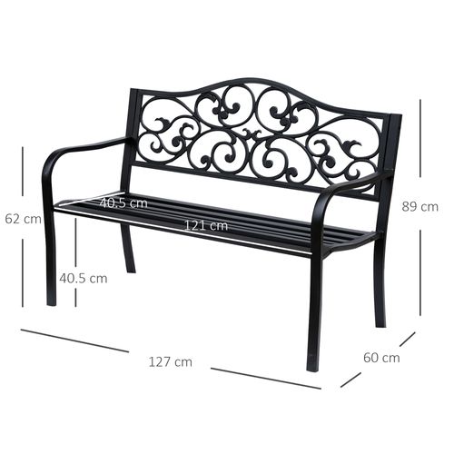 Banc De Jardin 3 Places En Acier Avec Accoudoirs En Fonte, Noir 127x60x89cm