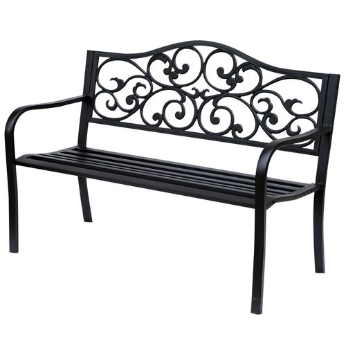 Banc De Jardin 3 Places En Acier Avec Accoudoirs En Fonte, Noir 127x60x89cm