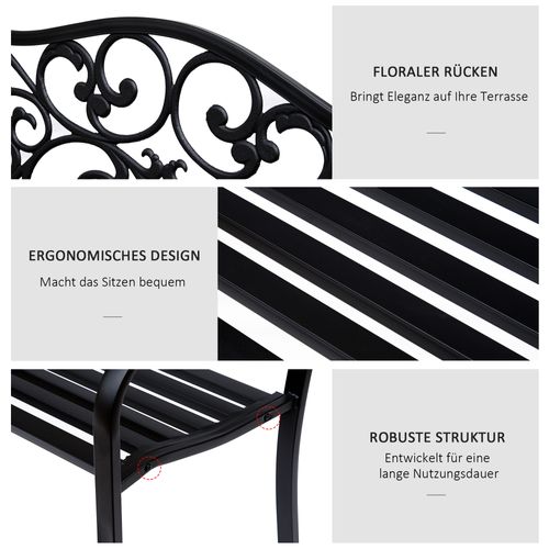 Banc De Jardin 3 Places En Acier Avec Accoudoirs En Fonte, Noir 127x60x89cm