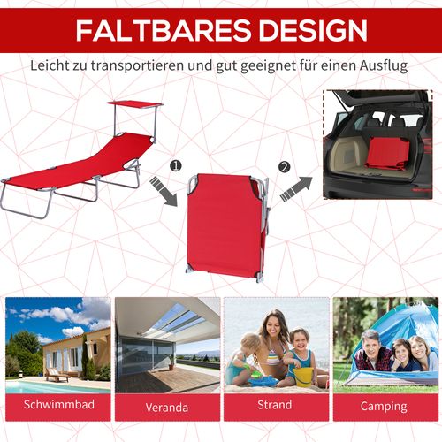 Chaise Longue De Jardin Pliable En Métal Avec Protection Solaire, Rouge