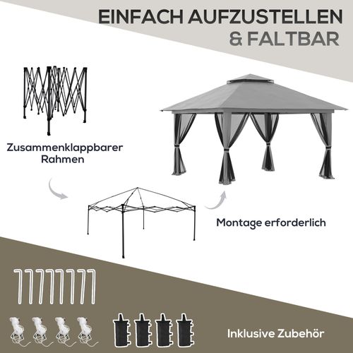Pavillon De Jardin Pop-up 4x4m En Étoffe Avec Protection Uv, Parois En Filet, Double Toit,gris Foncé